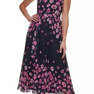 DKNY Halter Navy and Pink Floral Midi Dress